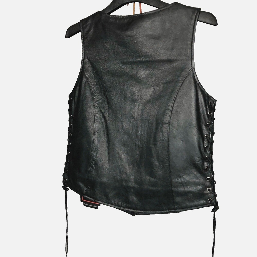 Unik Premium Women Sz M Black Leather Snap Front Vest Side Laces Paisley Liner - Picture 7 of 16